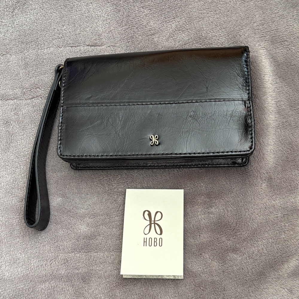 HOBO JILL Black Leather Wristlet Clutch with Logo Accent